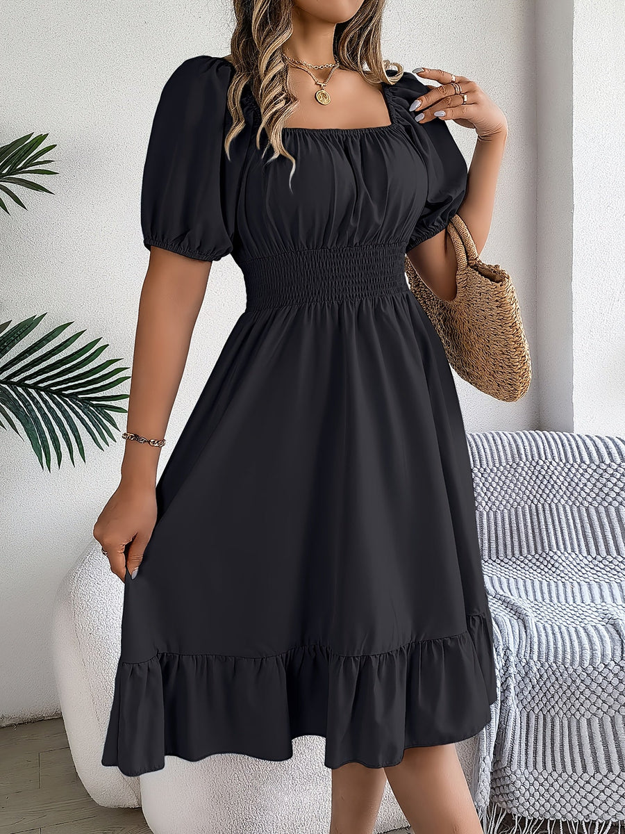 Square Neck Puff Sleeve A-Line Dress